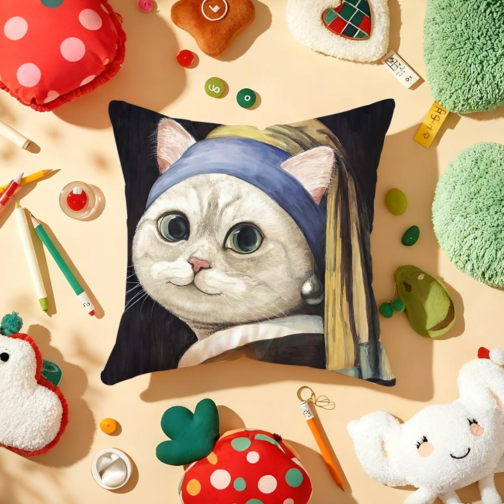 Art Cat Cute Cushion Cover Plush Fabric Soft Double-Sided Printed Sofa Warm Winter Home Child Gift Pillow Case