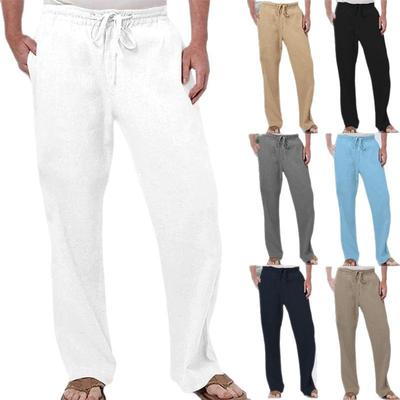 Summer Men's Hip Hop Breathable Linen Loose Casual Sports Solid Color Elastic Rope Straight Leg Pants