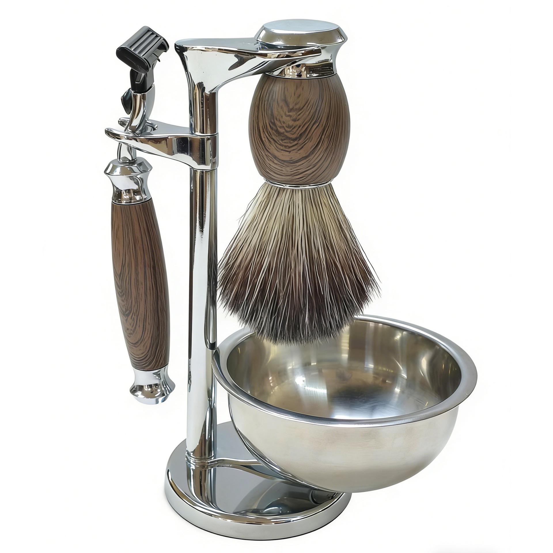 Men s Faux Wood Grain Double-Sided Razor Set with Face Brush, Beard Brush, Five-Layer Razor, Bowl & Hanger