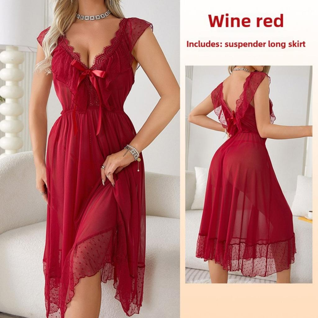 Sexy Polka Dot Nightdress Princess Style Suspender Skirt Mesh Private Room Pajamas Backless Wear