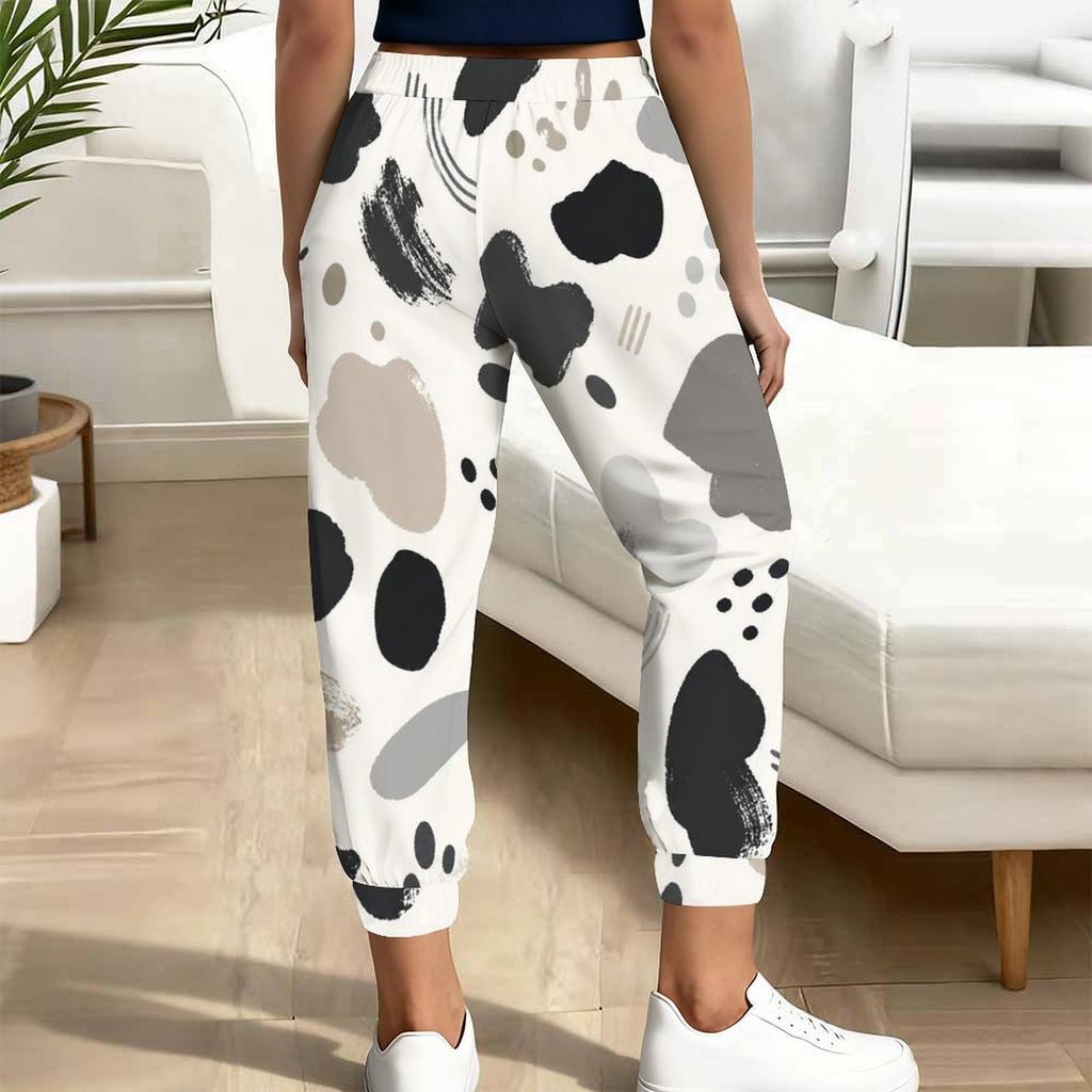 Women Plus Size White Abstract Printed Jogger Pants Drawstring Waist Side Pockets Cuffed Ankle