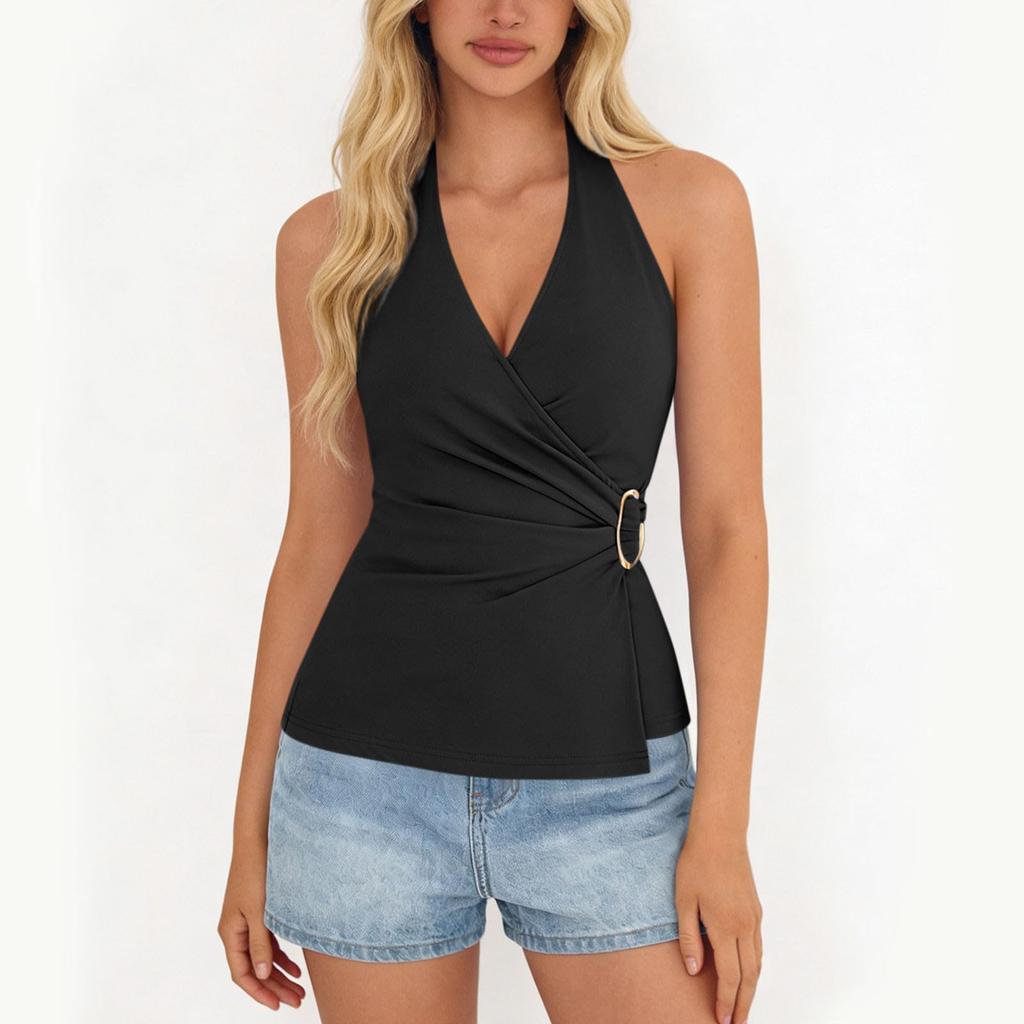 Women's Fashionable Plain Sleeveless V-neck Sexy Cross-Back  Top