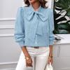 Fashionable Autumn and Winter Bow Puff Sleeve Tops for Women's Temperament Casual Contrasting Cardigan Long-sleeved Shirt