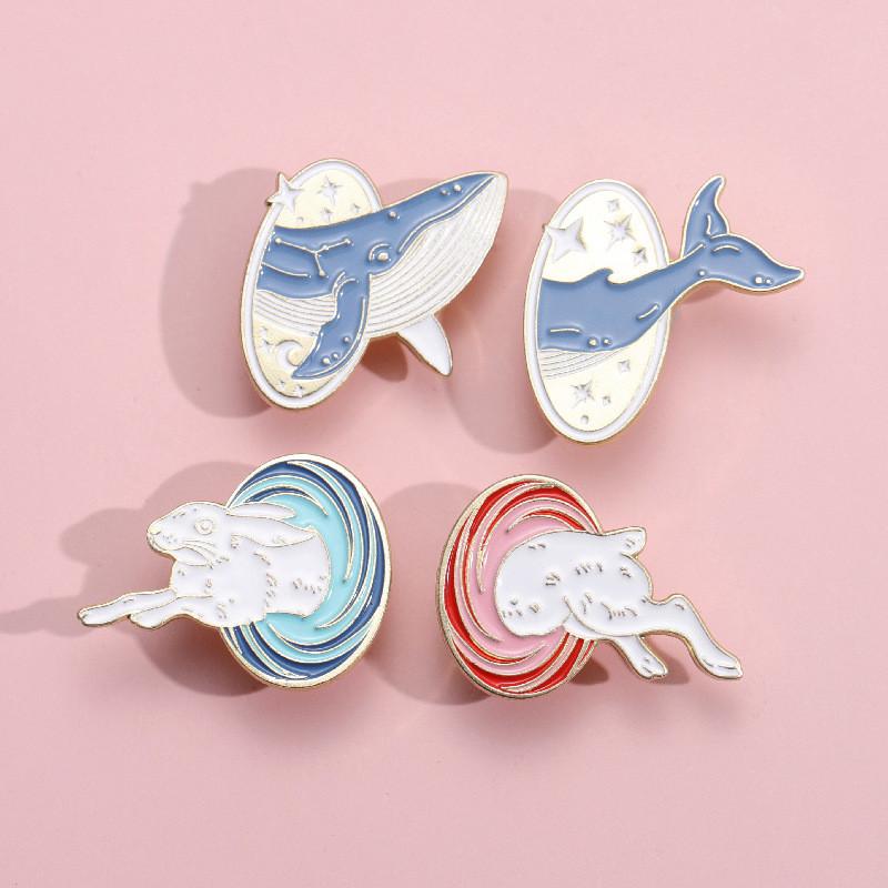 Cartoon Ocean Animal Metal Enamel Brooch Featuring Whimsical Whale Rabbit And Cat Designs For Stylish Fashion Accessories