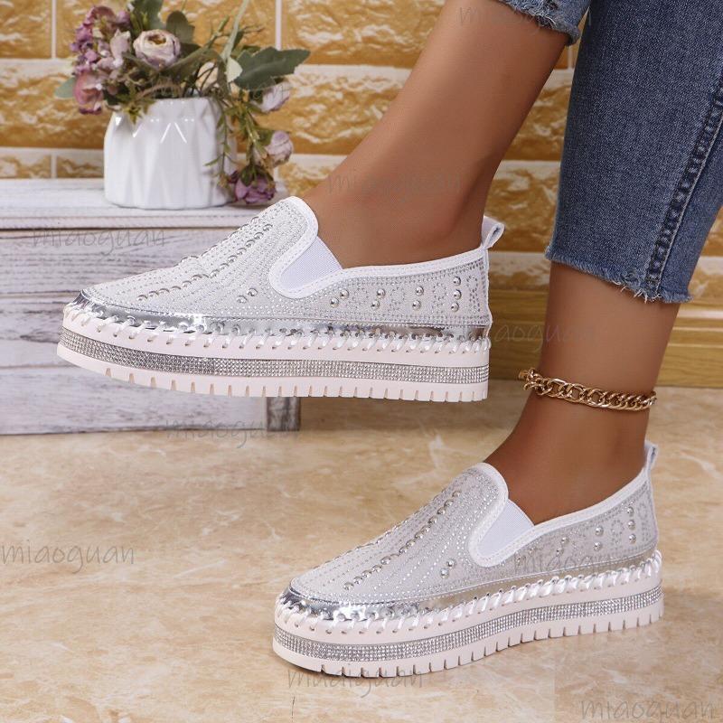 Runde Zehenpartie Damen Slip-on Loafer Mode Kristall Glitzer Anti-Rutsch Freizeit Schuhe für Damen Dicker Boden Flache Schuhe Frühling Sommer