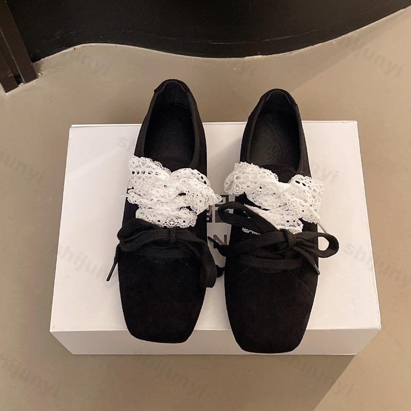 Fashion Elegant Lace Square Head Casual Mary Jane Shoes Women's Spring 2025 New Shallow Mouth Comfortable Flat Ballet Style Single Shoes