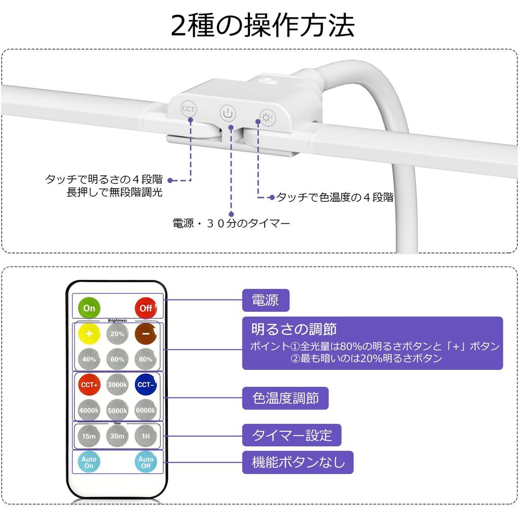 KableRika LED Desk Lamp with Remote Control, Dual Light Source, Clamp, Touch Panel, and Remote Control, Bright and Powerful, Timer Setting, Dimmable