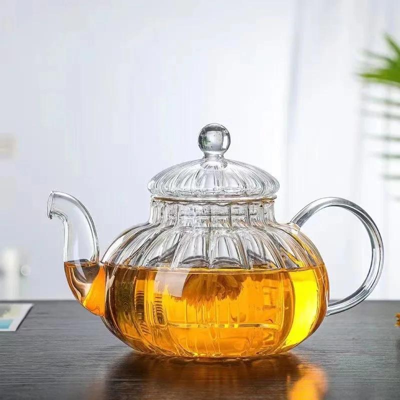Flower Tea Pot Heat Resistant Glass Striped Pumpkin Filter Inner Tank Soaking Home and Kitchen Supplies