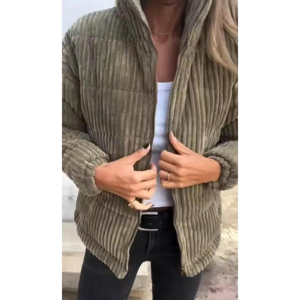 2026 Autumn Winter Women's Corduroy Stand Collar Long Sleeve Short Jacket with Pockets