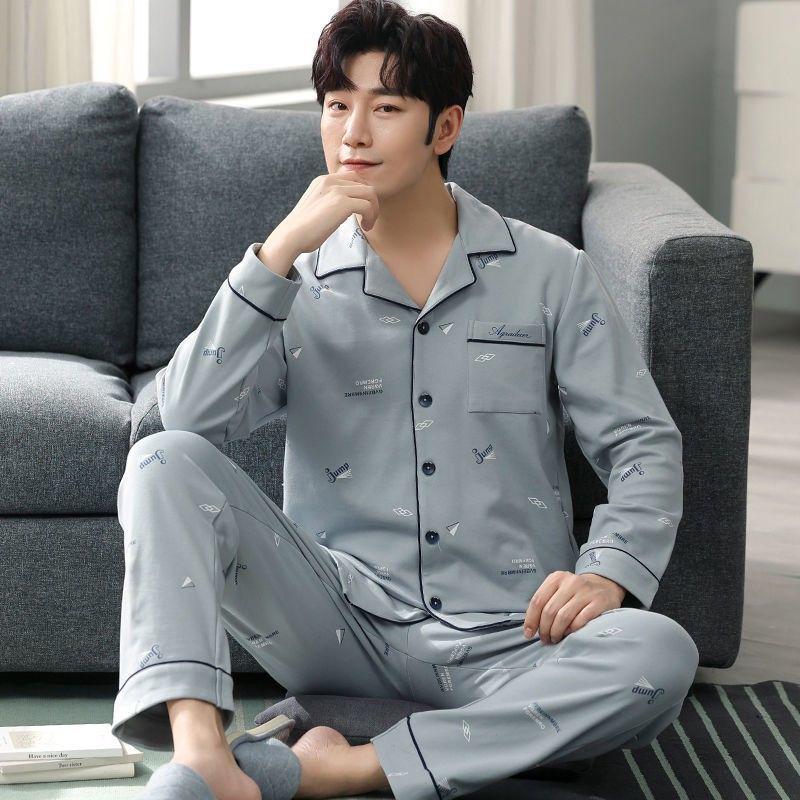 Men's Plus Size Long-Sleeve Plaid Cotton Pajamas for Spring & Autumn, Suitable for Outdoor Wear.