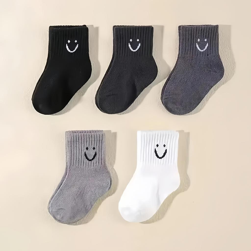 5 Pairs Baby Socks Cotton Toddler Soft Comfortable Breathable All-Season Cartoon Smile Pattern Kids Footwear For 0-5 years