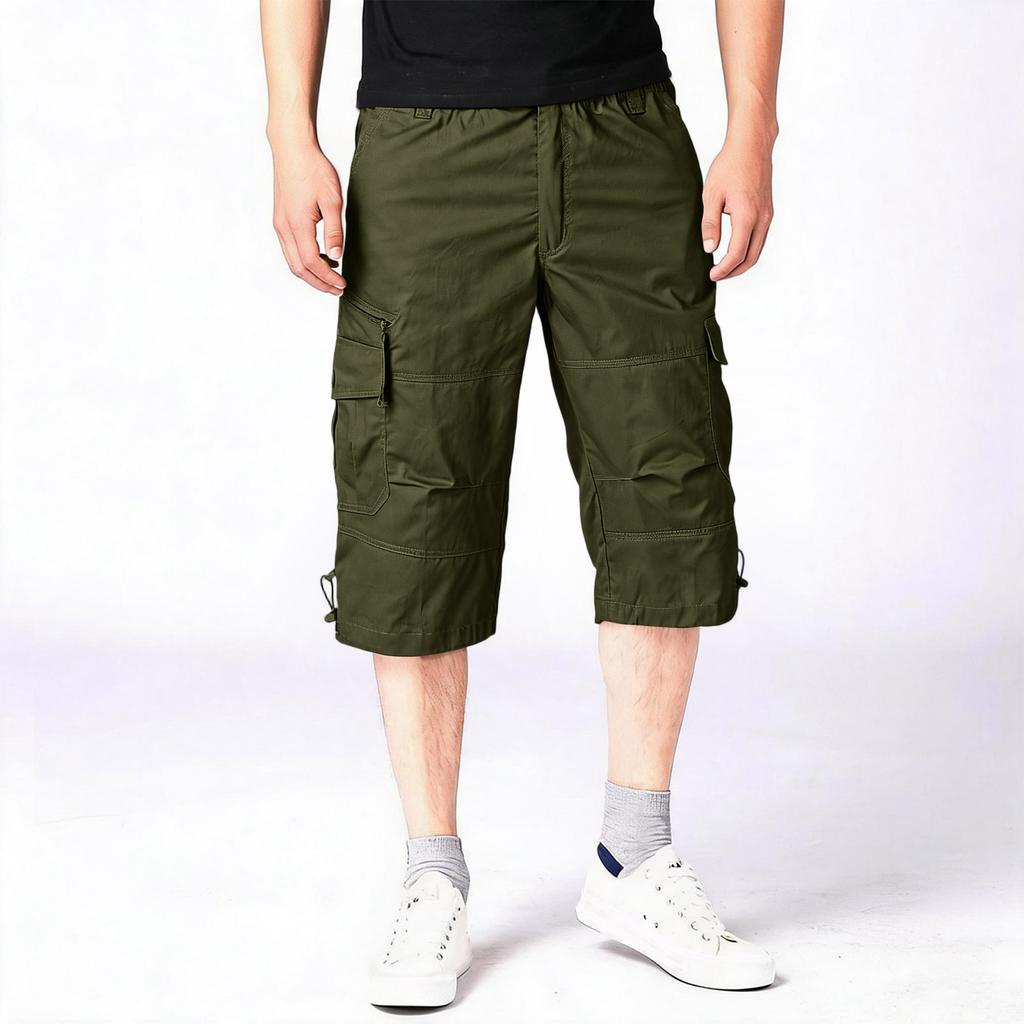 Heren Relaxed Fit 3/4 Cargo Shorts Elastische Taille Lichtgewicht Meerdere Zakken Casual Losse Rechte Pijpen Broek