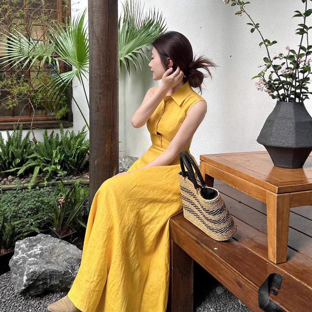 Plus Size Yellow Sleeveless Dress for Women - Summer Vacation Elegant Style