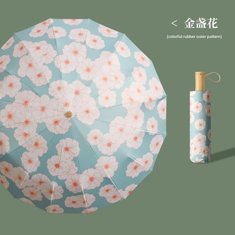 16-Rib Manual Opening Umbrella with Wooden Handle, Vintage Style, Black Coating for Sun Protection, One Piece