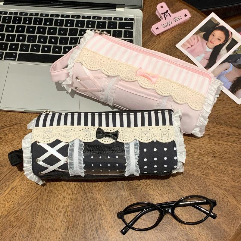 Cute Lace Pencil Case Water Resistant Large Capacity Pen Pouch for Students School Office Desktop Stationery Storage