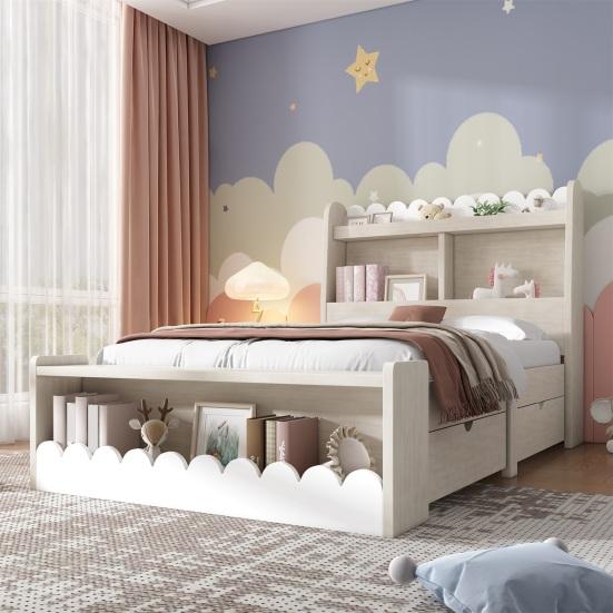 Children Bed Single Bed Storage Bed with Drawers, Shelf And Bench with Storage Space, Wooden Bed 90x200cm, Bed Frame And Slatted Frame Made of Wood,