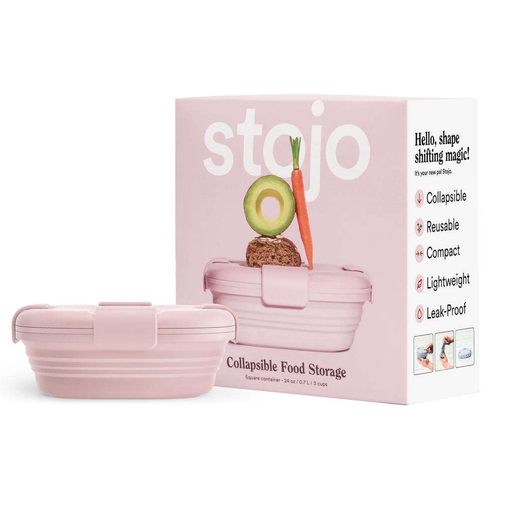 Stojo Collapsible Sandwich Box Reusable Travel Camping Food Storage Snack Box with Lid 24 Carnation - Pocket-Sized - Oz, (Pink)