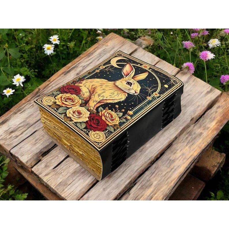 Easter Bunny Rabbit Vintage Handmade Leather Journal, Grimoire Fat Journal Blank Spell Book of Shadows Christmas Gift Him Her
