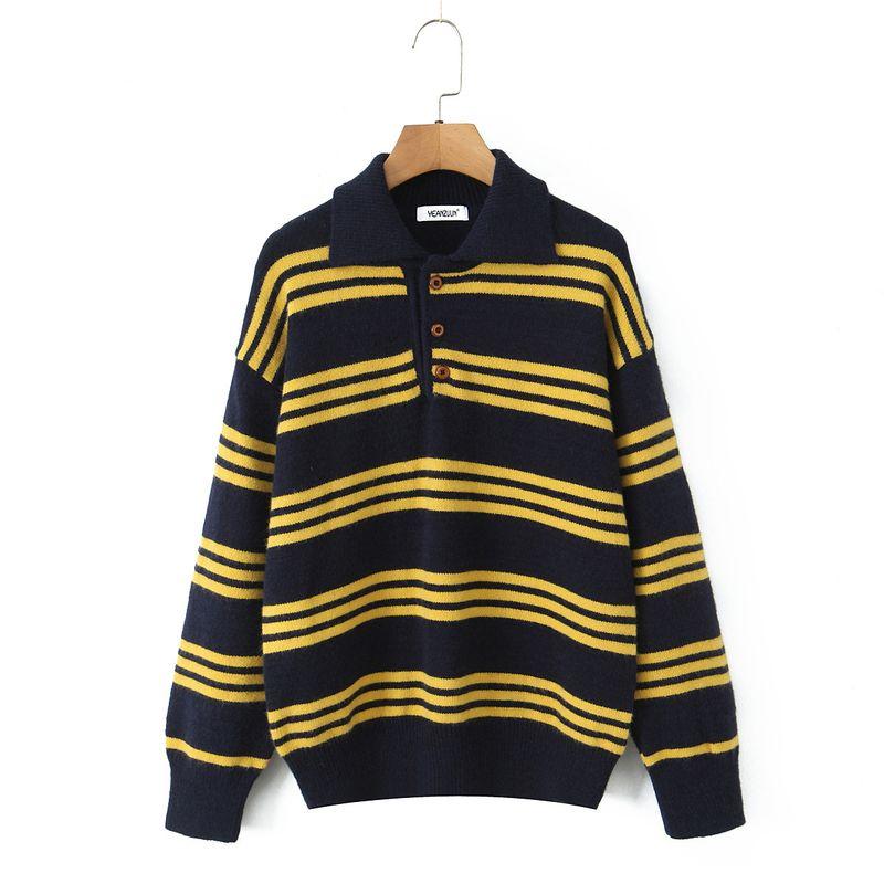 Autumn and Winter New Arrivals Women's Clothing Zr European and American Style Fashionable Loose Striped Color-Block Long-Sleeve Polo Collar Knitwear