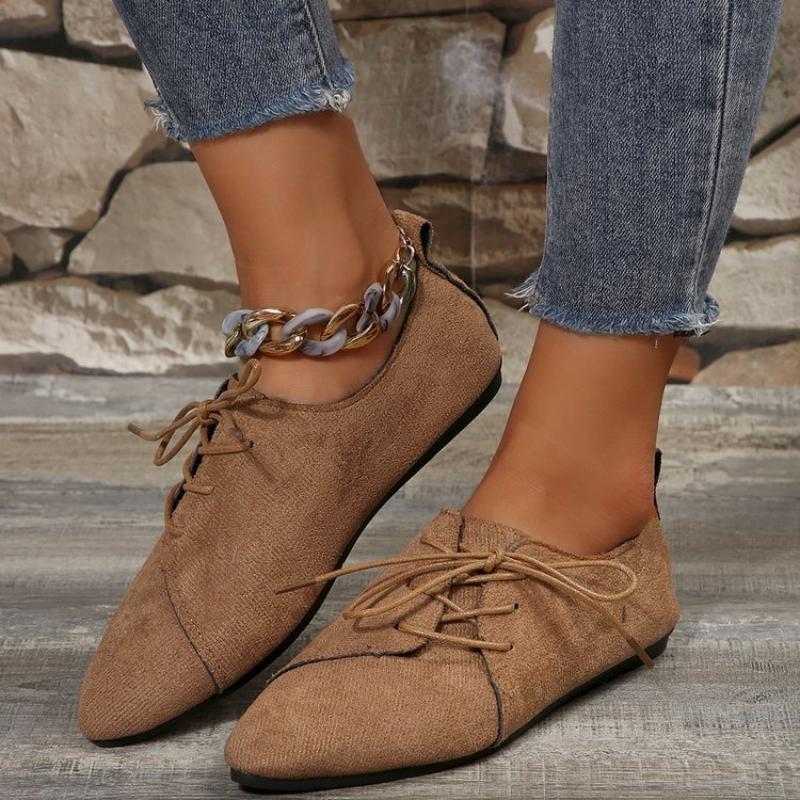 Dames Retro Loafers Puntige Suede Platte Schoenen Veters Dames Casual Sneakers Vrouw Ondiepe Comfortschoenen Antislip Wandelschoenen