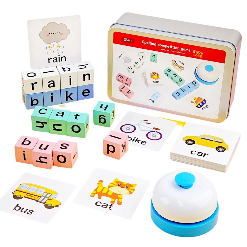 New Spelling Games Wooden Blocks Puzzles Literacy Games with Flash Cards for Kids Ages 3 Plus Home Classroom Preschool Party