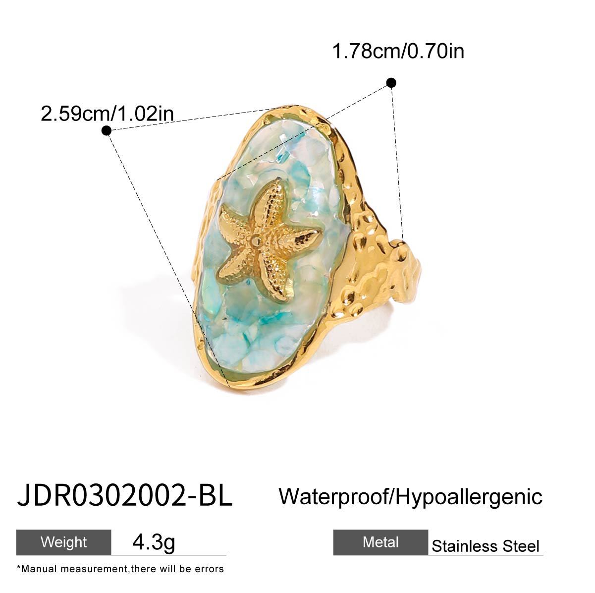

Fade Resistant Adjustable Ring Ocean Vacation Blue Drip Glaze Inlaid with Seashells and Starfish Accents