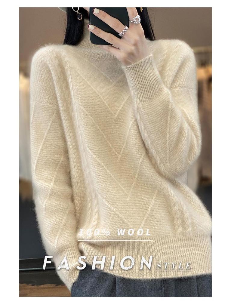 Women's 100% Wool Knitted Sweater - Autumn/Winter, Thick, Semi-High Neck, Lazy Style
