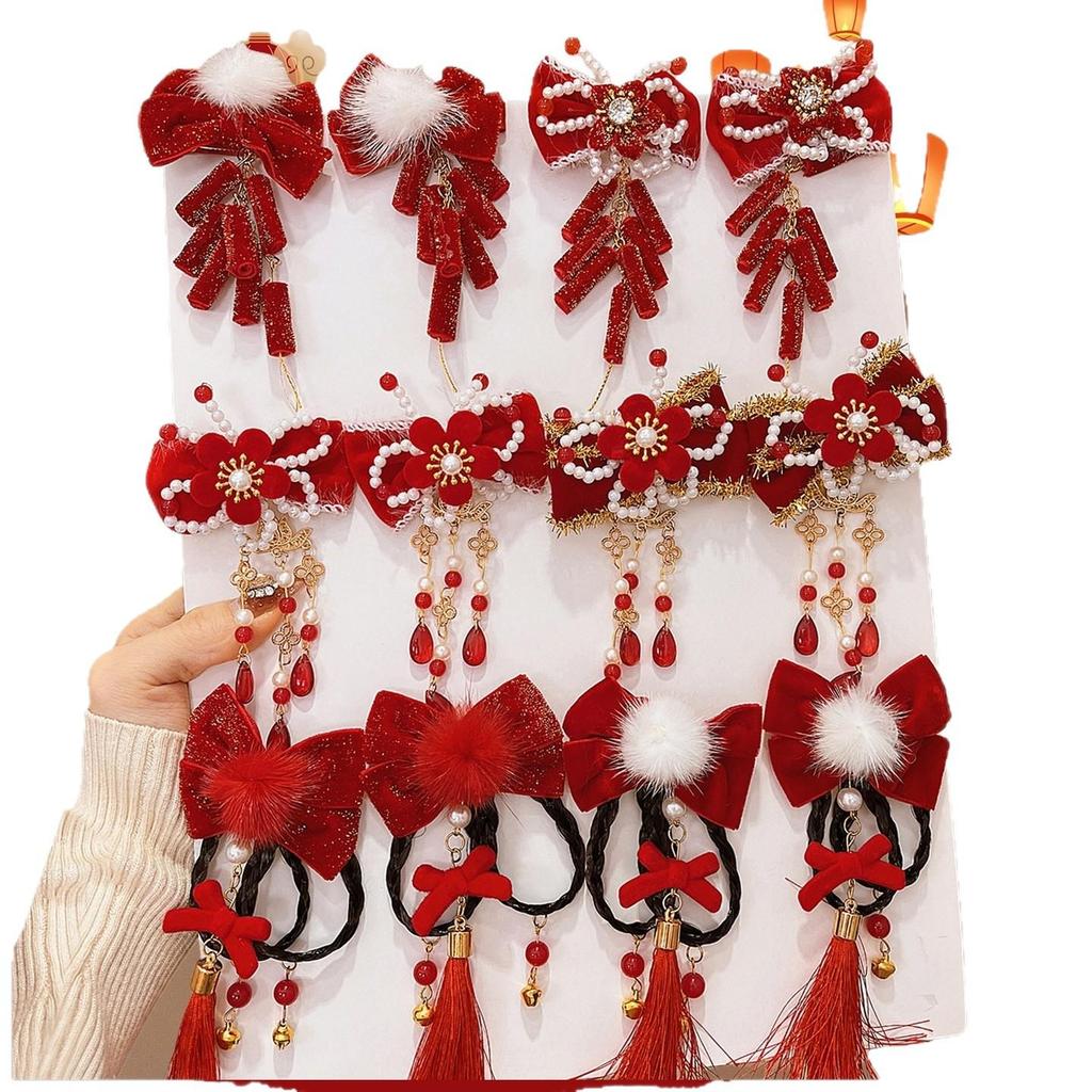 Fermacapelli Rosso a Fiocco Stile Antico - Accessorio Festivo per Hanfu da Bambina, Perfetto per le Celebrazioni di Capodanno