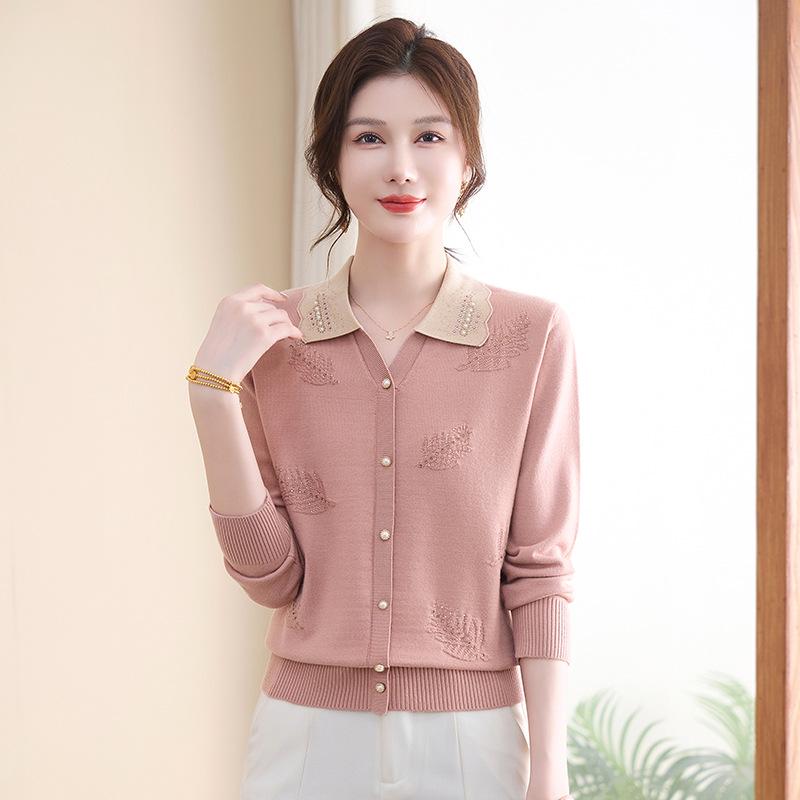 Autumn Stripe Knit Lapel Top for Middle-Aged and Elderly Women - New 2026 Style