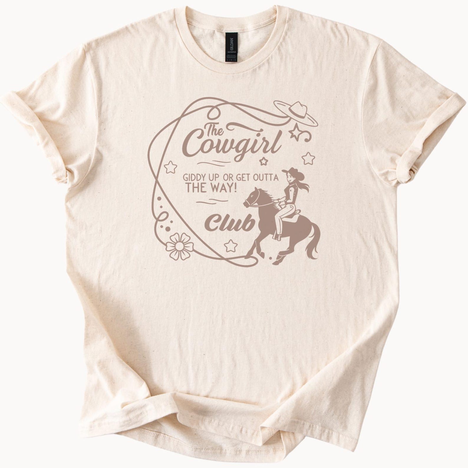 Cowgirl Club Graphic Tee Western Horseback Rider Shirt Giddy Up Get Outta The Way Rodeo Cowgirl Hat Lasso Floral Star Design 120