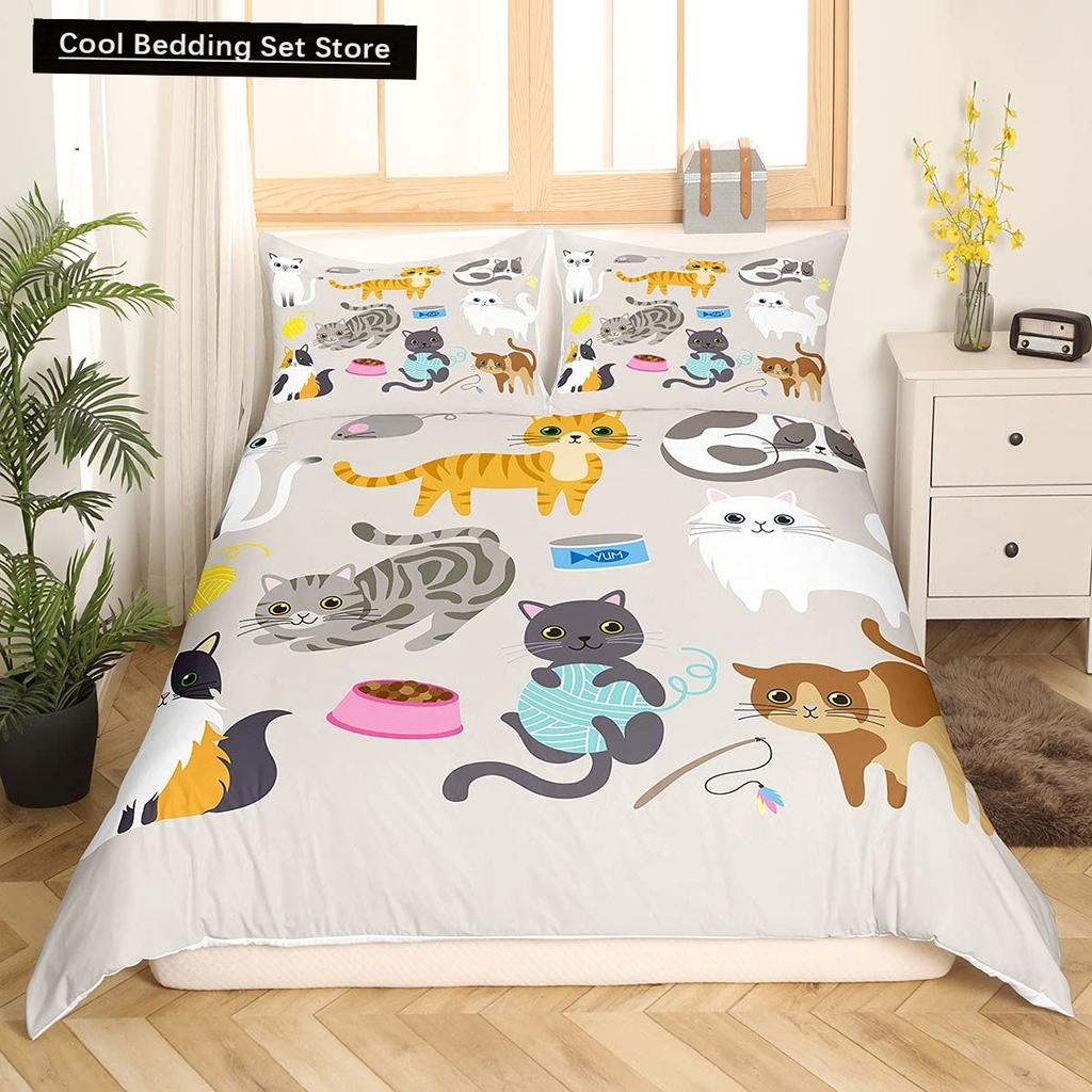 Cute Cat King Queen Duvet Cover Kitten Bedding Set Purple Floral Butterflies Polyester Quilt Cover Pet Animal Comforter Cover