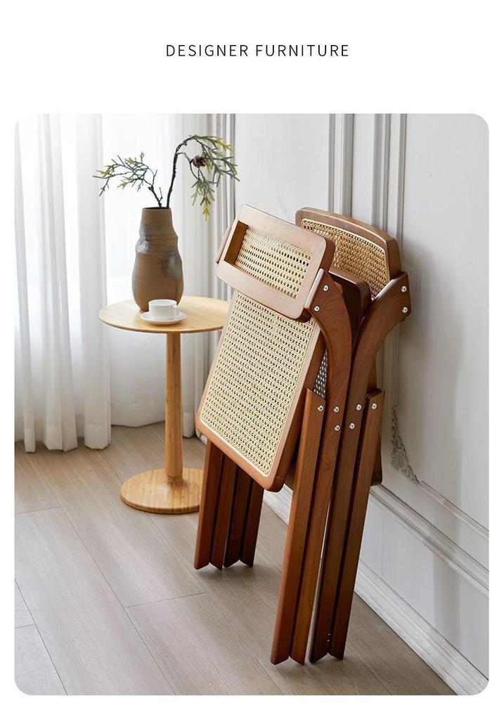 Wicker Folding Chair with Backrest - Solid Wood Casual Dining or Living Room Stool