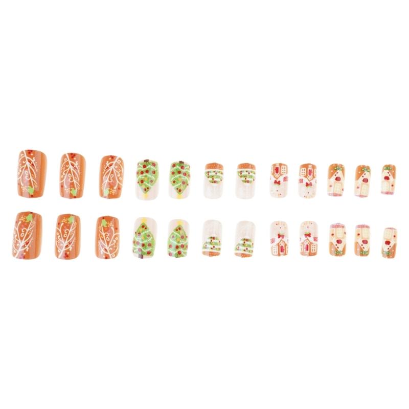 Festive 24pcs Press On Nails with Christmas Tree and Fruit Patterns Acrylic Nails Full Cover Stick on Nail for Women 1