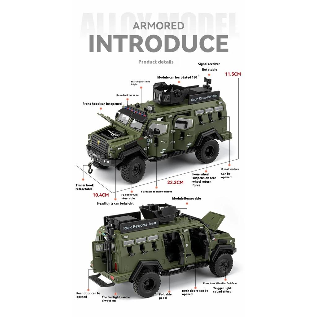 1/24 Scale Sword Toothed Tiger Explosion Proof Car Model Police Armored Off Road Vehicles Alloy Diecast Simulated Collectibles Present