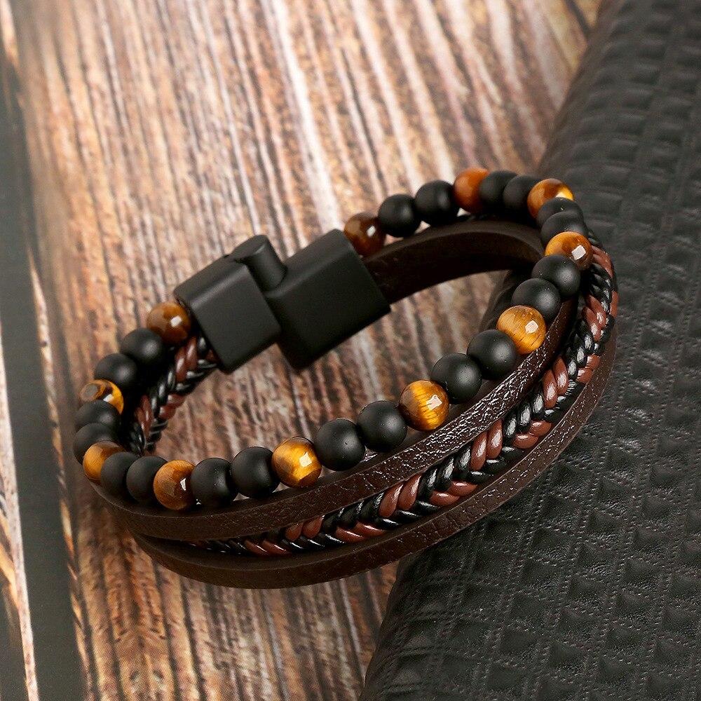 Men Leather Bracelet Classic Fashion Tiger Eye Beaded Multi Layer Leather Bracelet For Men Zircon Gift