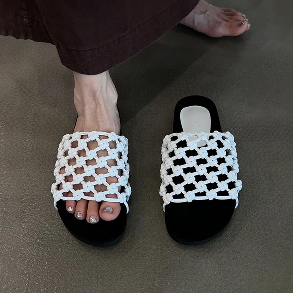 

Версия из овчины~ Плетеные вручную рыболовные сети, полые пляжные туфли на толстой подошве, женские кожаные универсальные повседневные сандалии с круглым носком 40