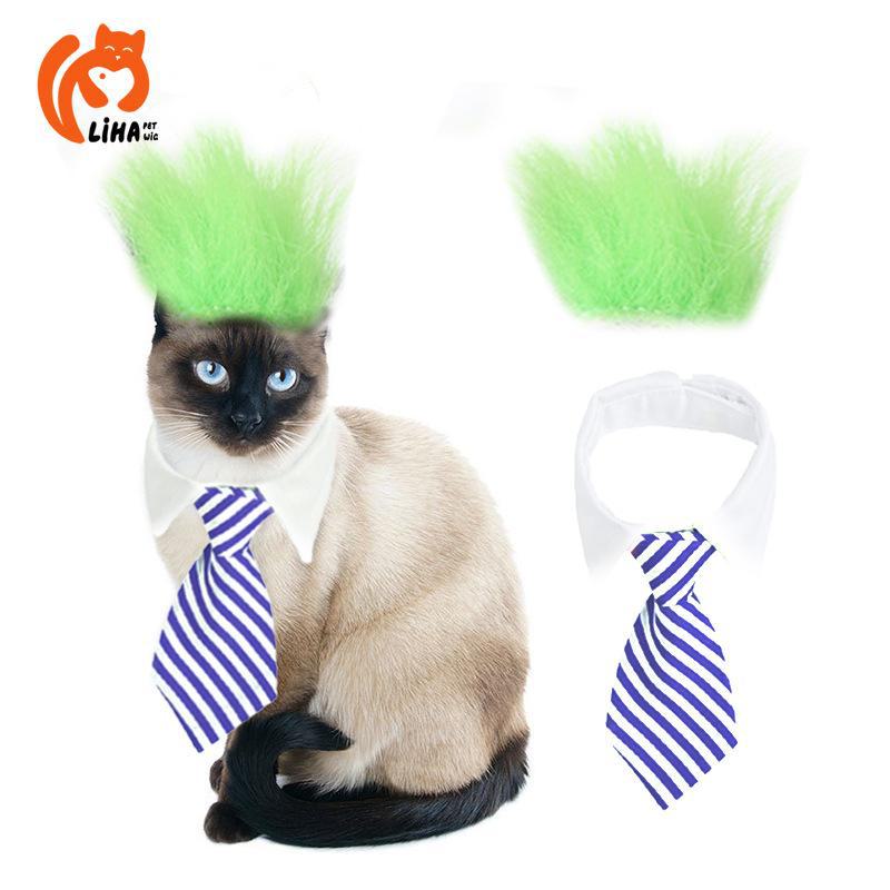 Pet Wig with White Shirt and Tie - Funny Hair Accessories for Cats and Dogs