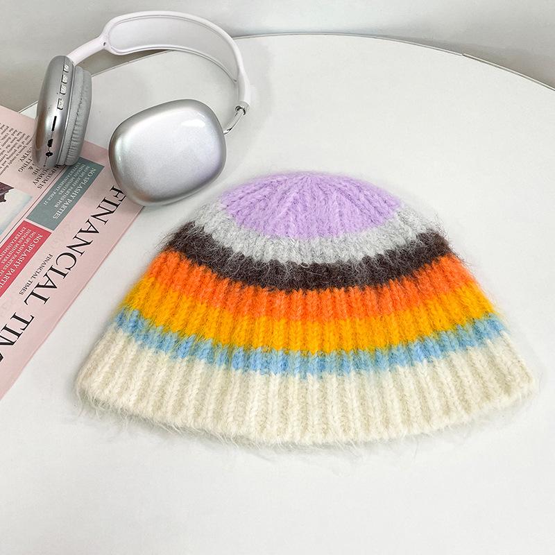 Japanese Colorful Striped Dopamine Plush Fisherman Hat Women's Autumn and Winter Warm Ear Protection Woolen Hat Niche Basin Hat