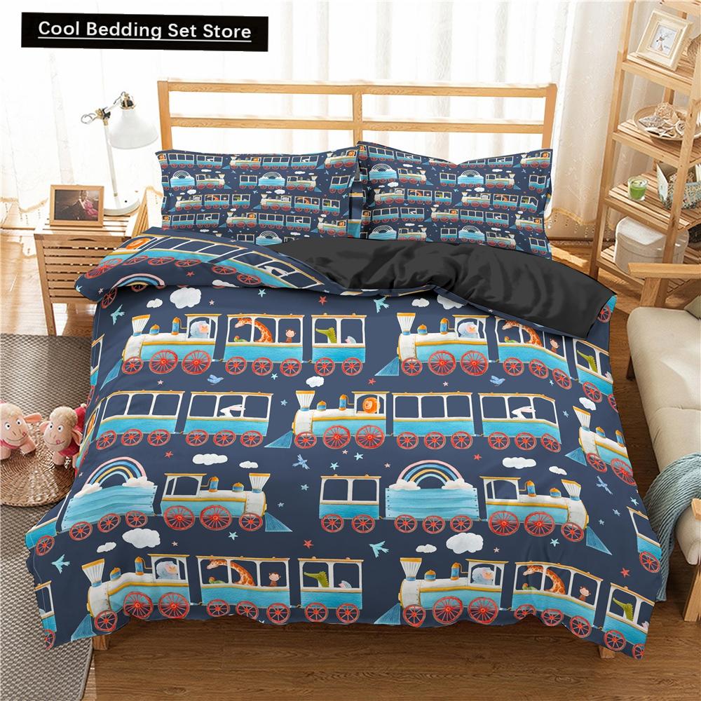 Kreslené Vlakové Ložní Sety 2/3ks Povlak na Peřinu Autíčko Náklaďák Měkký Povlak na Přikrývku Jednolůžko Queen King Size Polyesterový Povlak na Přikrývku