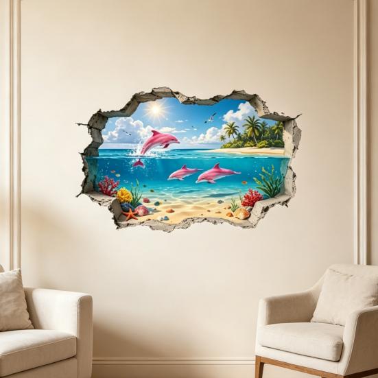2 Peças de Adesivos de Parede 3D Praia Litoral, Golfinho Oceano Gaivota Palmeira Adesivo de Parede para Quarto de Crianças Bebês, Sala de Estar, Berçário