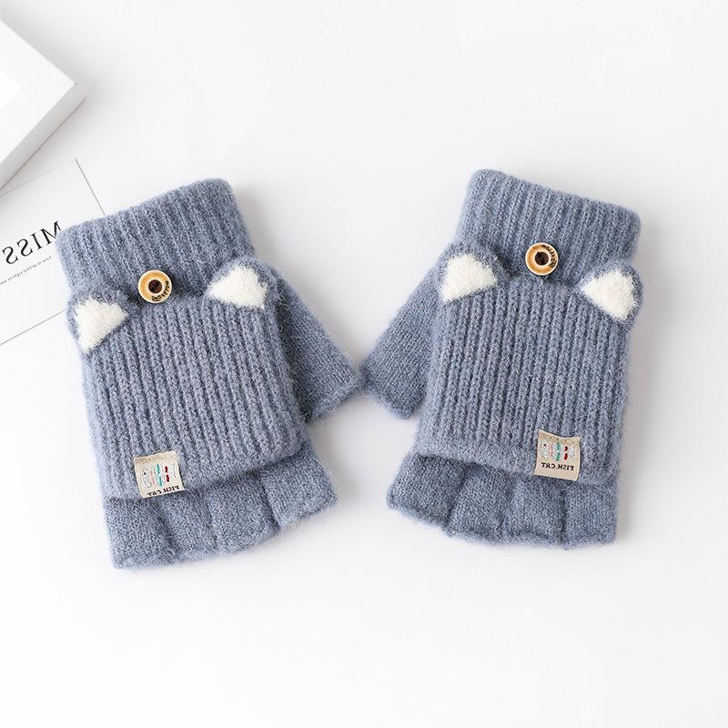 1Pair Cute Mittens Flip Half Finger Glove For Women Girls Winter Soft Warm Thick Gloves Student Cold Resistant Writing Gloves