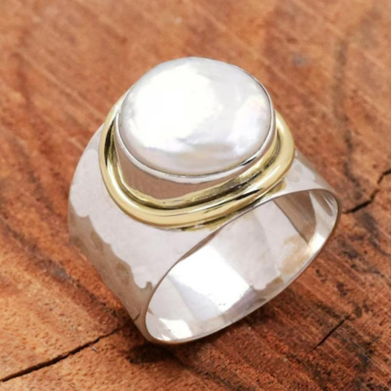 Minimalist Inlaid Imitation Pearl Women's Ring Trendy Two Color Geometry Daily Wear Party Jewelry Anniversary Gift