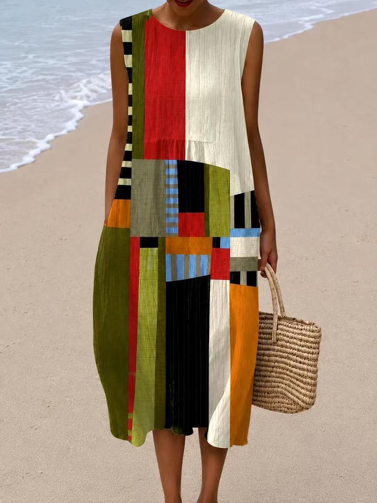 Sleeveless dress 26 new shrink pleated large version loose casual round neck digital printing - bamboo hemp