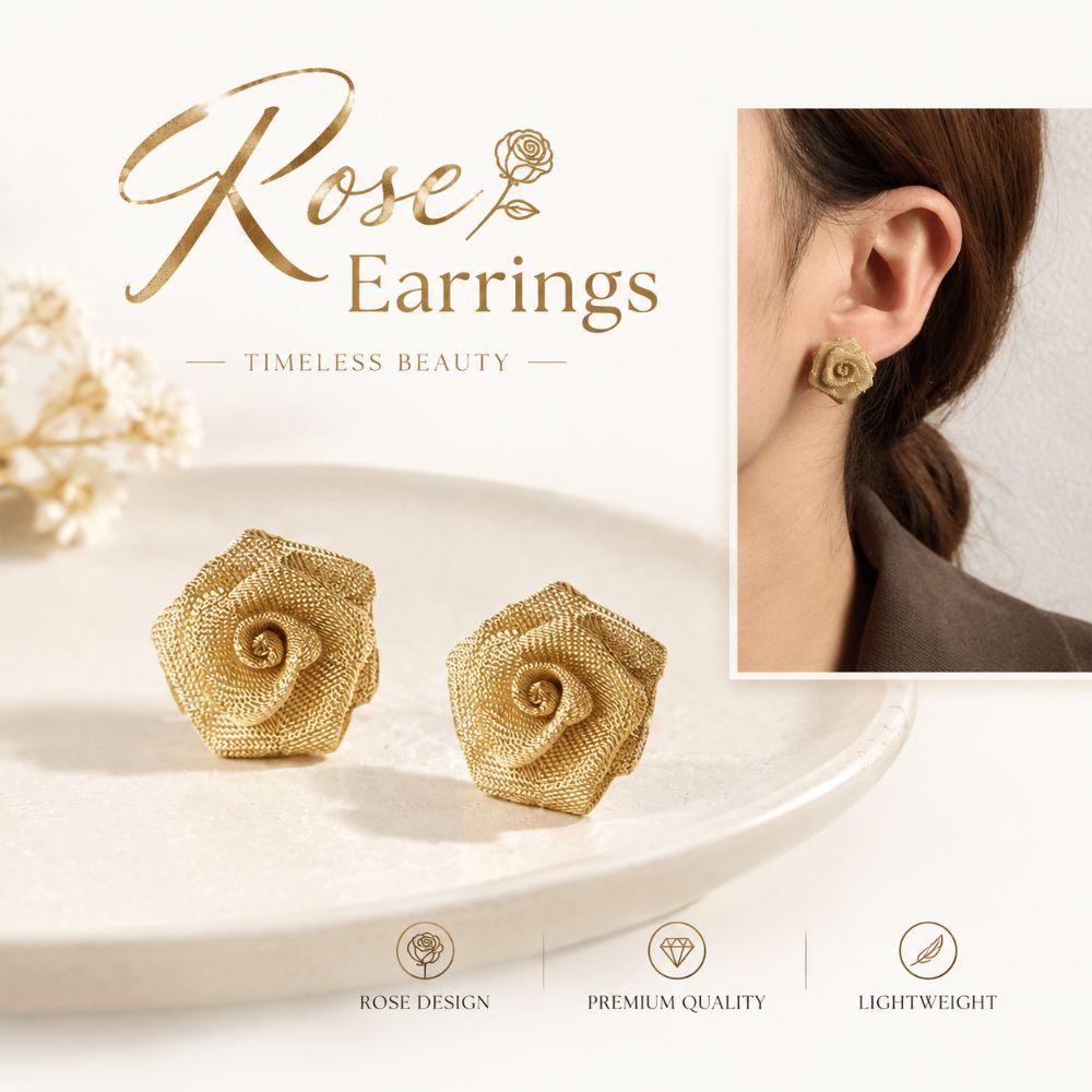 Vintage Style Flower Stud Earrings Gold Gauze Fabric Rose Stud Earrings New Rose Earrings Women