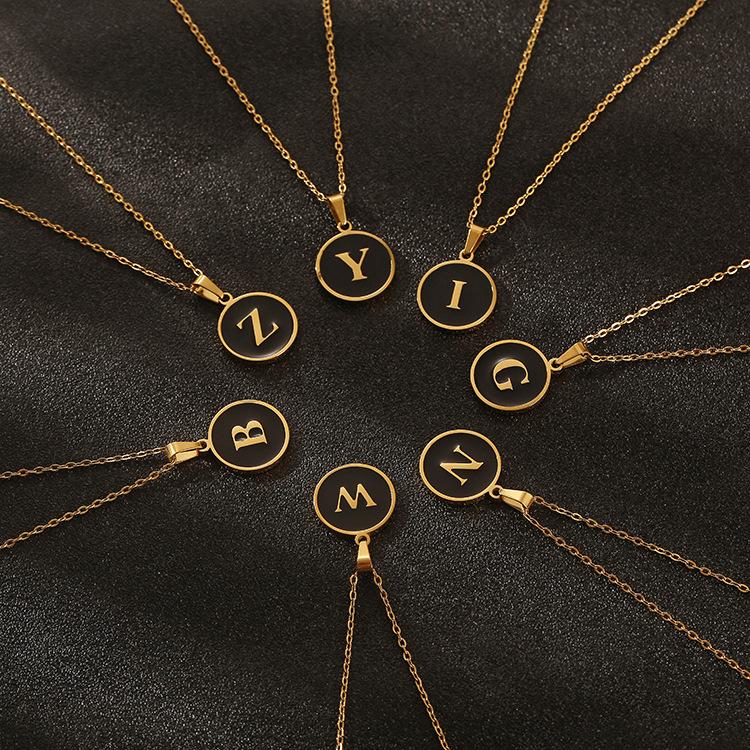 English letter oiled necklace, European and American trend titanium steel chain, round gold letter pendant collarbone chain