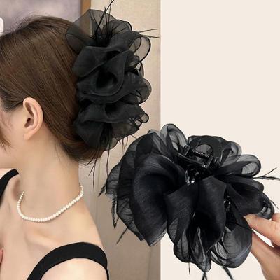 Mesh Bubble Hair Clip for Woman Elegant Temperament Feather Tassel Shark Clip Able Girl Ponytail Hair Clamp