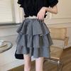 Black and White Check Cake Skirt Women's Elastic Waist A-word Ruffle Edge Pleats Puffy Skirt Sexy Sweet Gothic Preppy Style Spring Summer