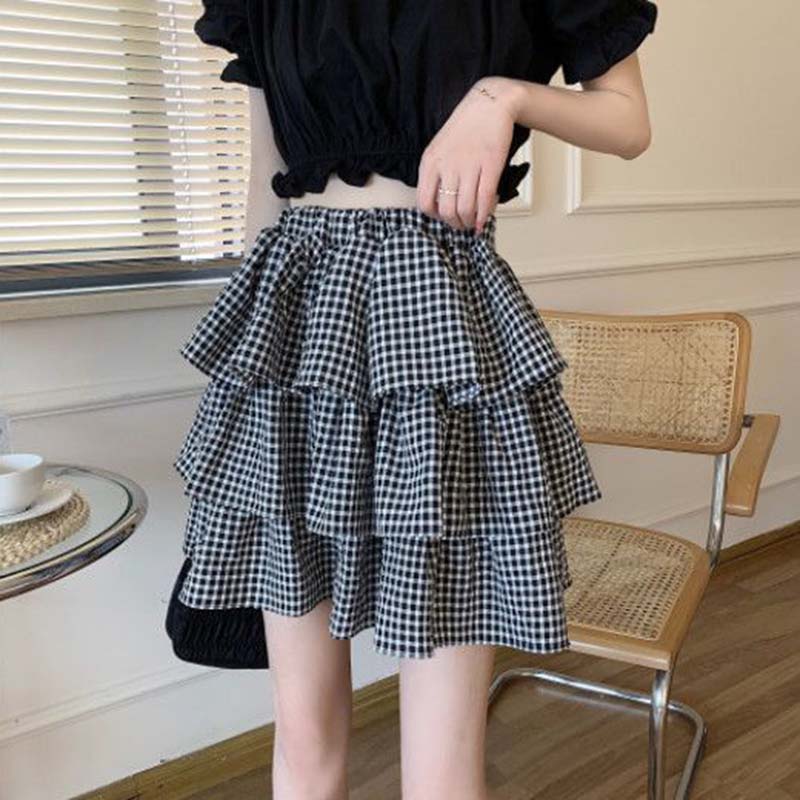 Black and White Check Cake Skirt Women's Elastic Waist A-word Ruffle Edge Pleats Puffy Skirt Sexy Sweet Gothic Preppy Style Spring Summer