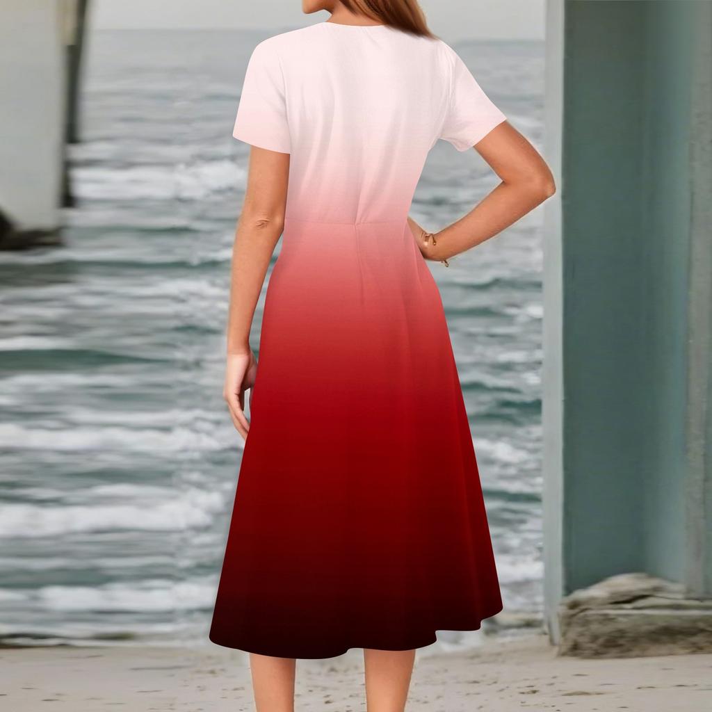 Women's Summer Casual Fashion Print Pocket Short Sleeve V-Neck Swing Dress