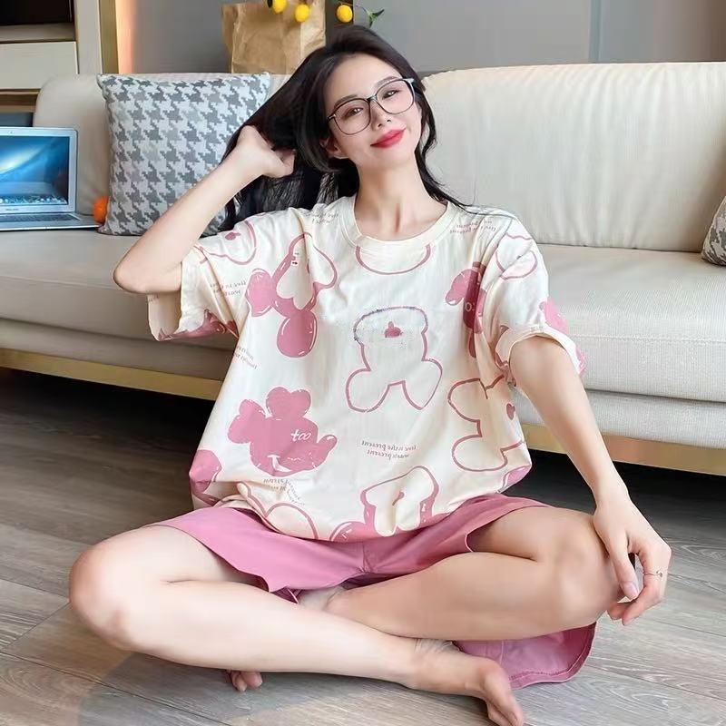 GMXIA Cute Panda Pajamas for Women In Summer, Short Sleeves and Shorts, Large-sized and Thin Summer Casual Home Wear Set